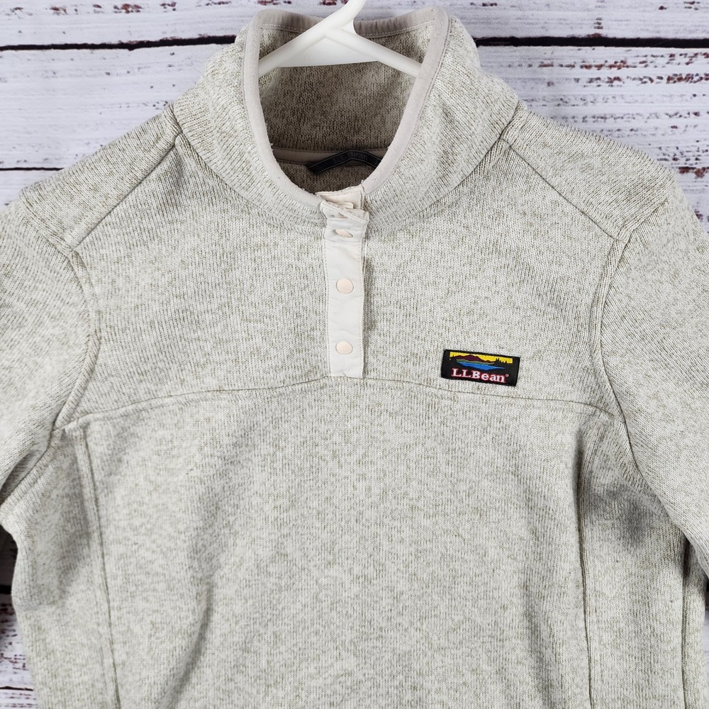 LL Bean Sweater Fleece Pullover M Regular Oatmeal Snap Neck 292726